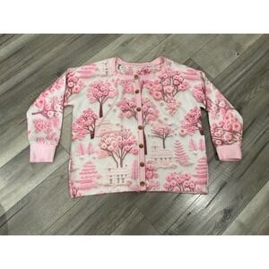 Pink Cherry Blossom Landscape Fuzzy Knit Cardigan Sweater Cottagecore Floral